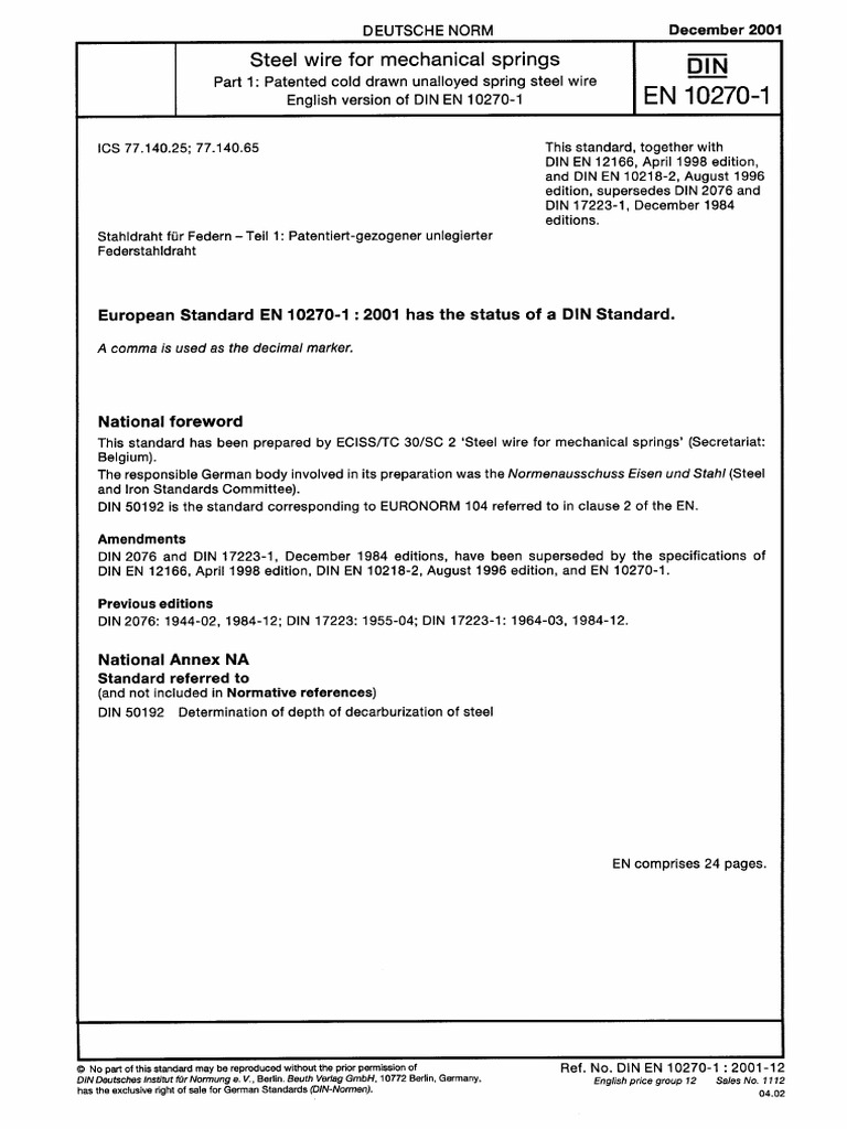 Steel Wire For Mechanical Springs DIN European Standard EN 102701