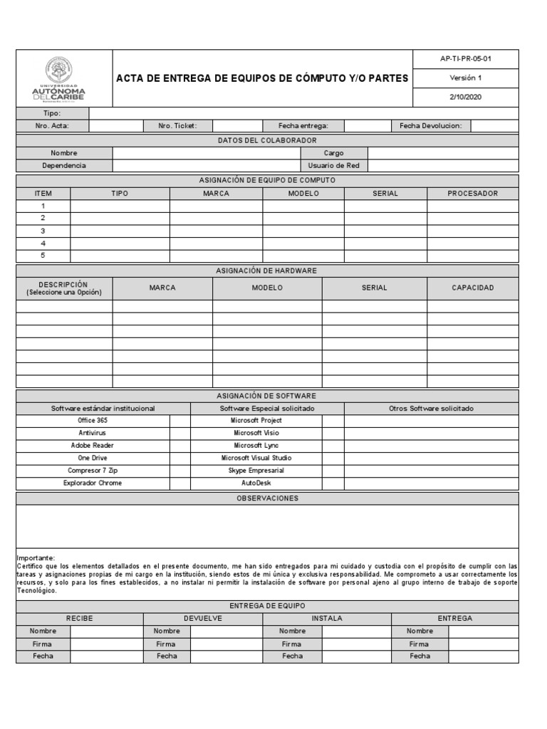 Acta de Entrega de Equipos de Cómputo Yo Partes | PDF | Microsoft ...