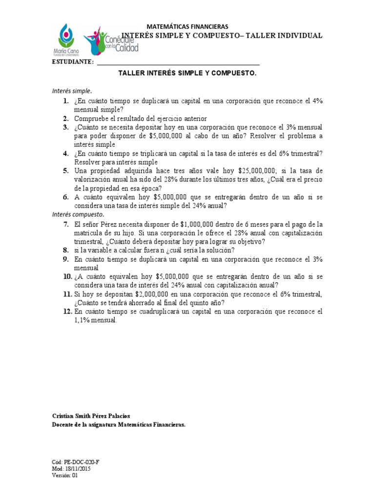 Matemáticas Fras Taller Unidad 2 Interés Simple y Compuesto | PDF