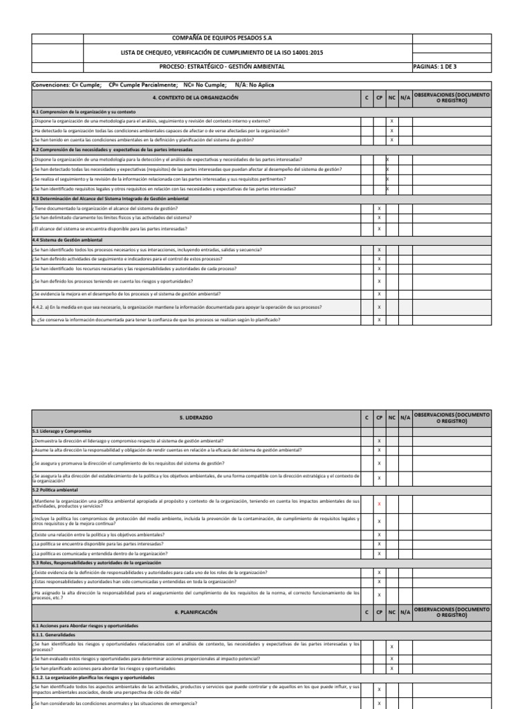 Lista de Chequeo Iso 14001 | PDF | Planificación | Auditoría