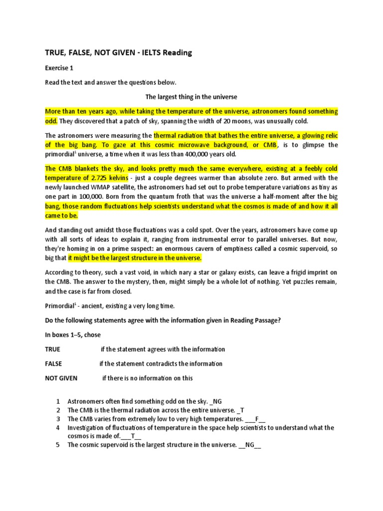 IELTS True/False Reading Practice | PDF | Cosmic Microwave Background ...