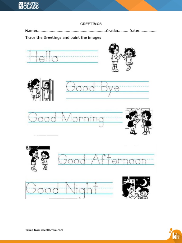 Greetings Name: Grade: Date: Trace The Greetings and Paint The Images ...