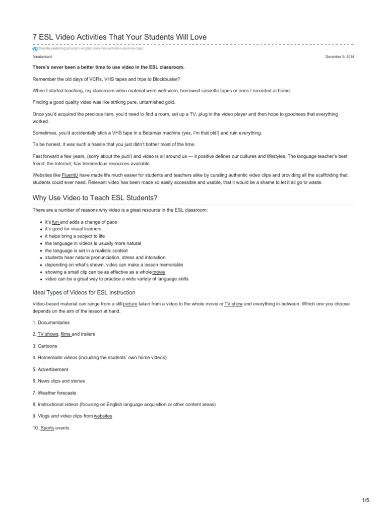 7 Esl Video Activities That Yo | PDF | English As A Second Or Foreign ...