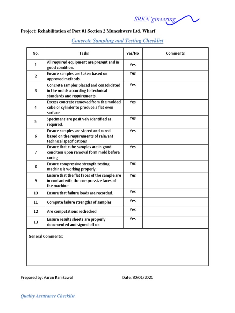 Concrete Sampling and Testing Checklist