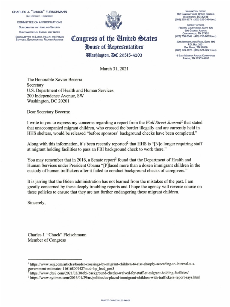 Fleischmann Letter To HHS Secretary | PDF