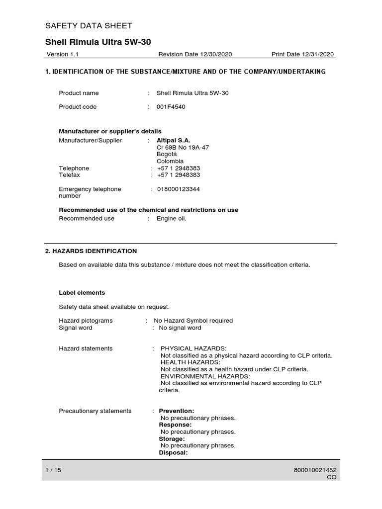 Shell Rimula Ultra 5W-30 Safety Data Sheet | PDF | Personal Protective ...