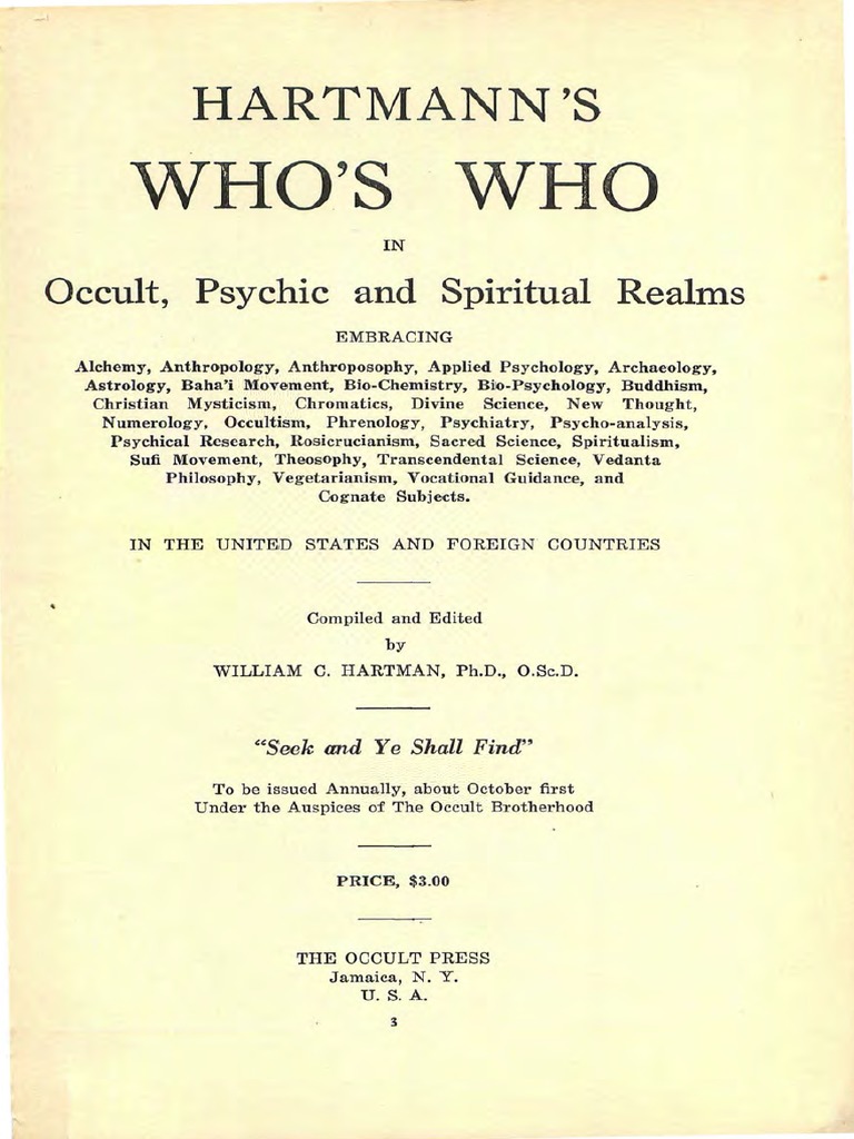 1925 Hartmann Whos Who in Occult Psychic and Spiritual Realms R PDF Spiritualism Theosophy