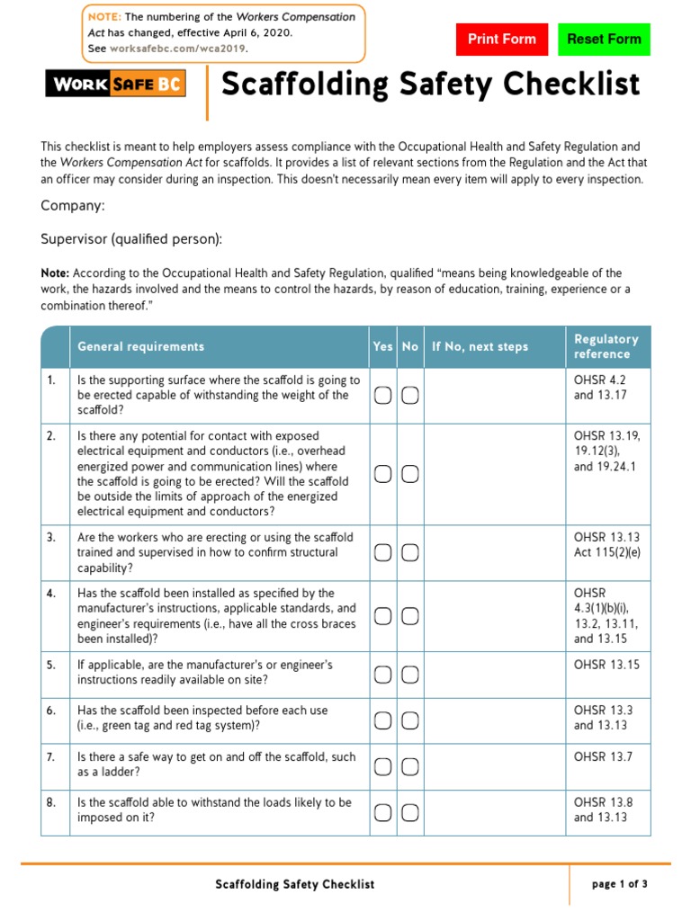 Scaffolding Safety Checklist Company Supervisor (Qualified Person