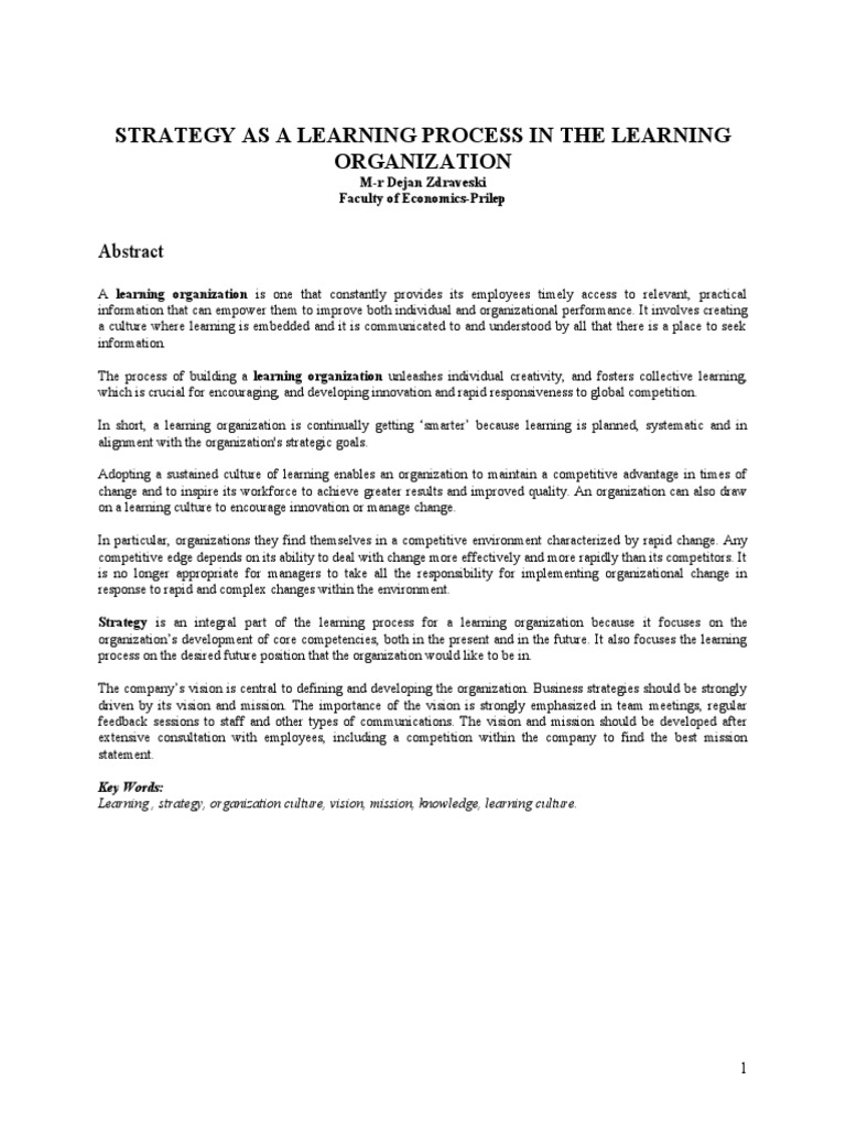 Strategy As A Learning Process in The Learning Organization: M-R Dejan ...