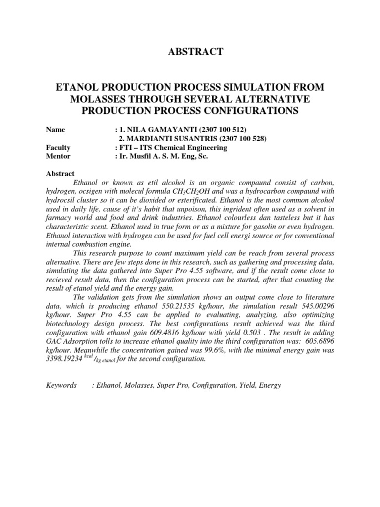 Ethanol Production from Molasses Simulation | PDF | Science & Mathematics