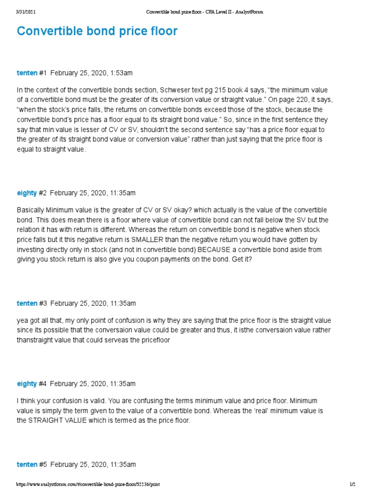 Convertible Bond Price Floor Cfa Level Ii Analystforum Pdf
