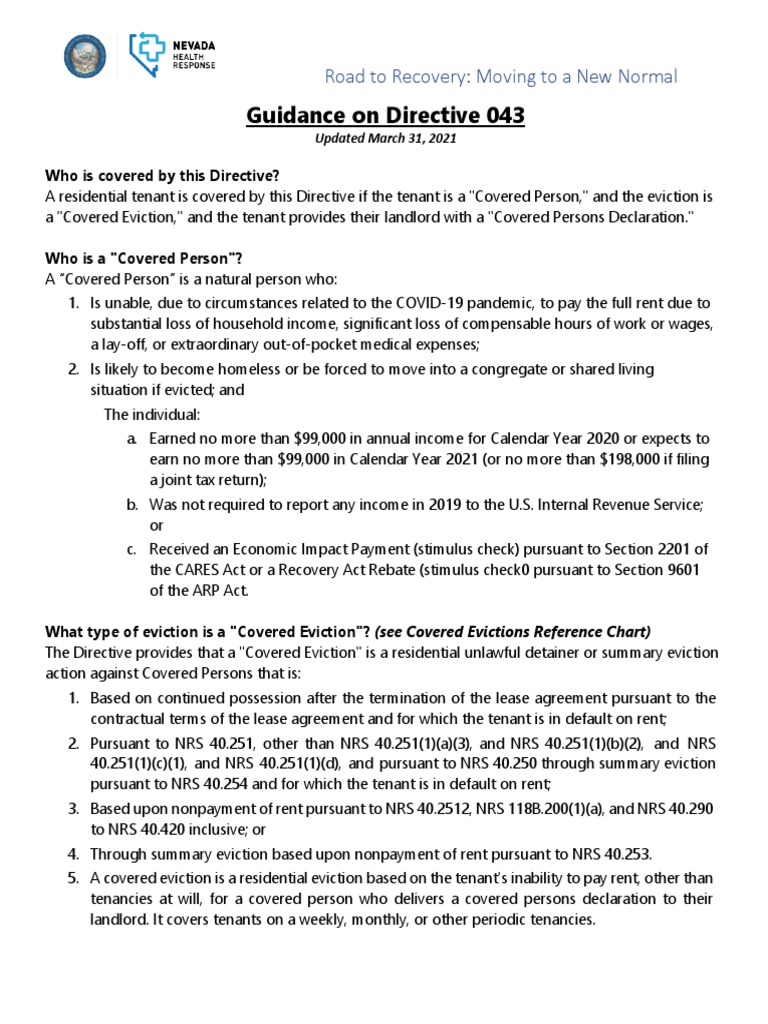 Nevada Eviction Moratorium Guidance March 31, 2021 PDF Leasehold