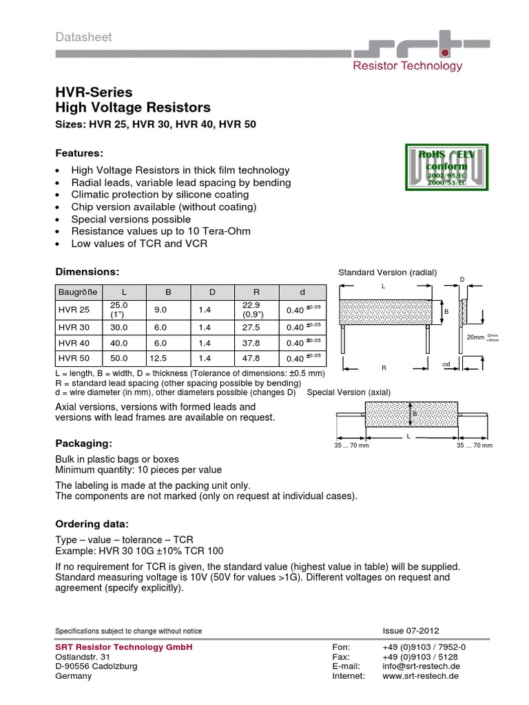 Technical Data HVR Resistor Technology High Voltage Resistors PDF