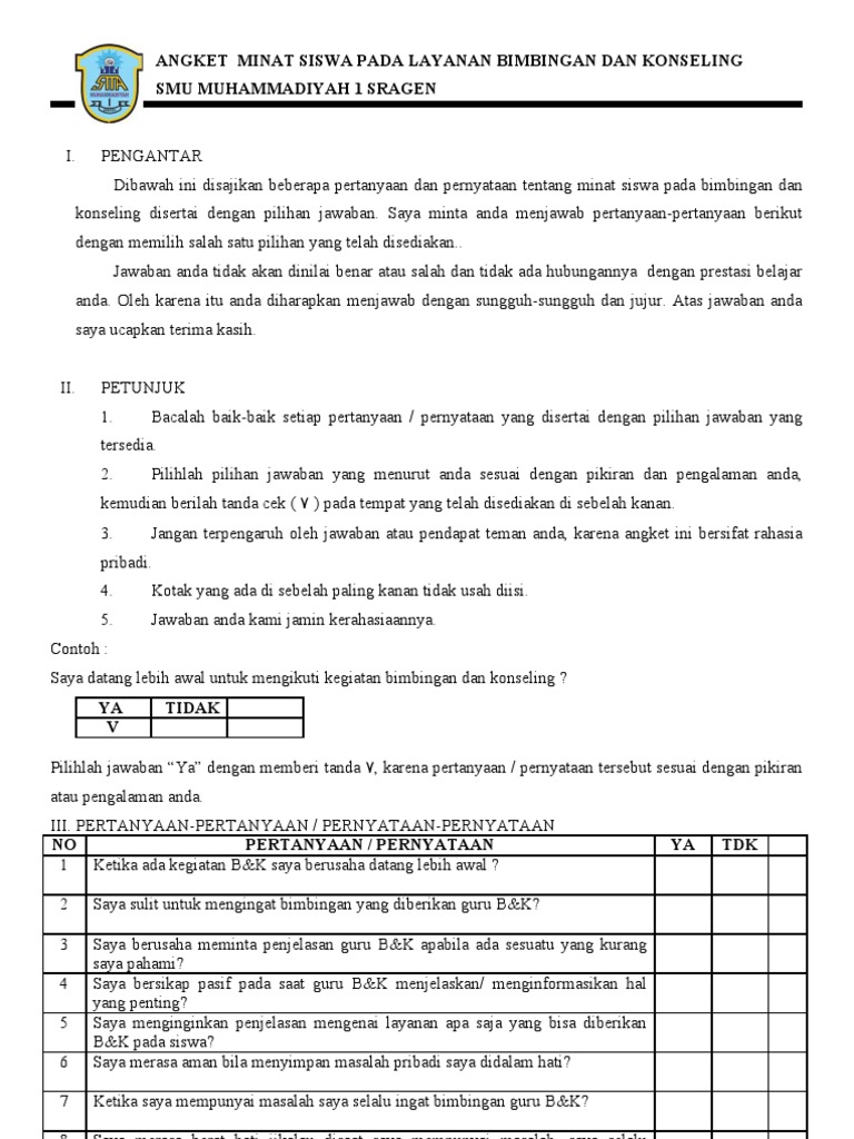Angket Tentang Minat Siswa Pada Layanan Bimbingan Dan Konseling