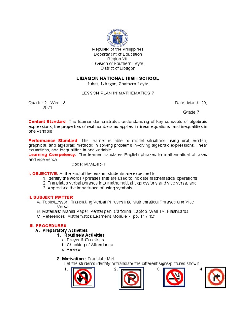 Lesson Plan in Translating Verbal To Mathematical Sentence | PDF ...