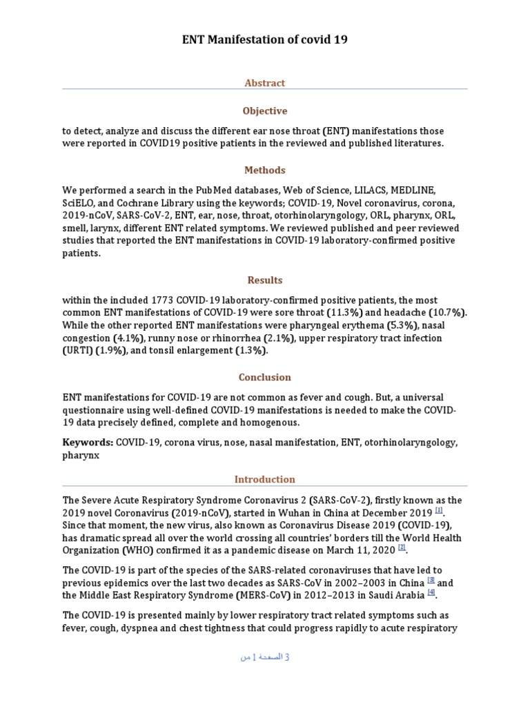 ENT Manifestation of Covid 19: Objective | PDF | Human Head And Neck ...