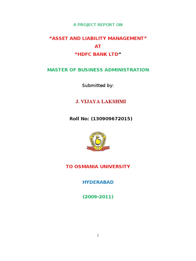 "Asset and Liability Management" AT "HDFC Bank LTD Master of Business