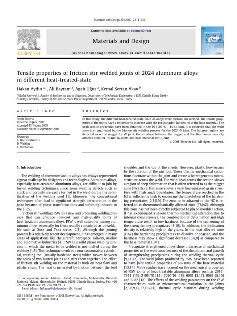 Tensile Properties of Friction Stir Welded Joints of 2024 Aluminum ...