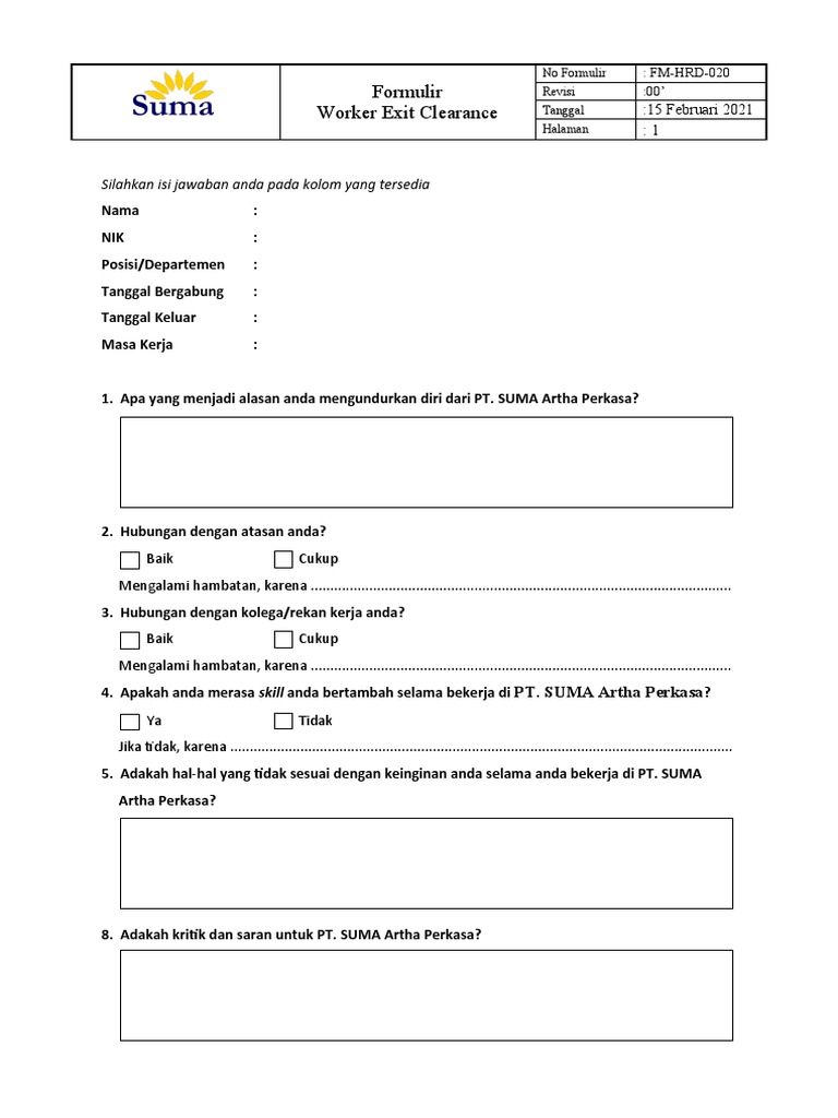 Formulir Keluar Karyawan PT. SUMA Artha | PDF