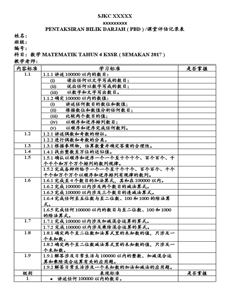 Borang Transit Matematik Tahun 4  PDF