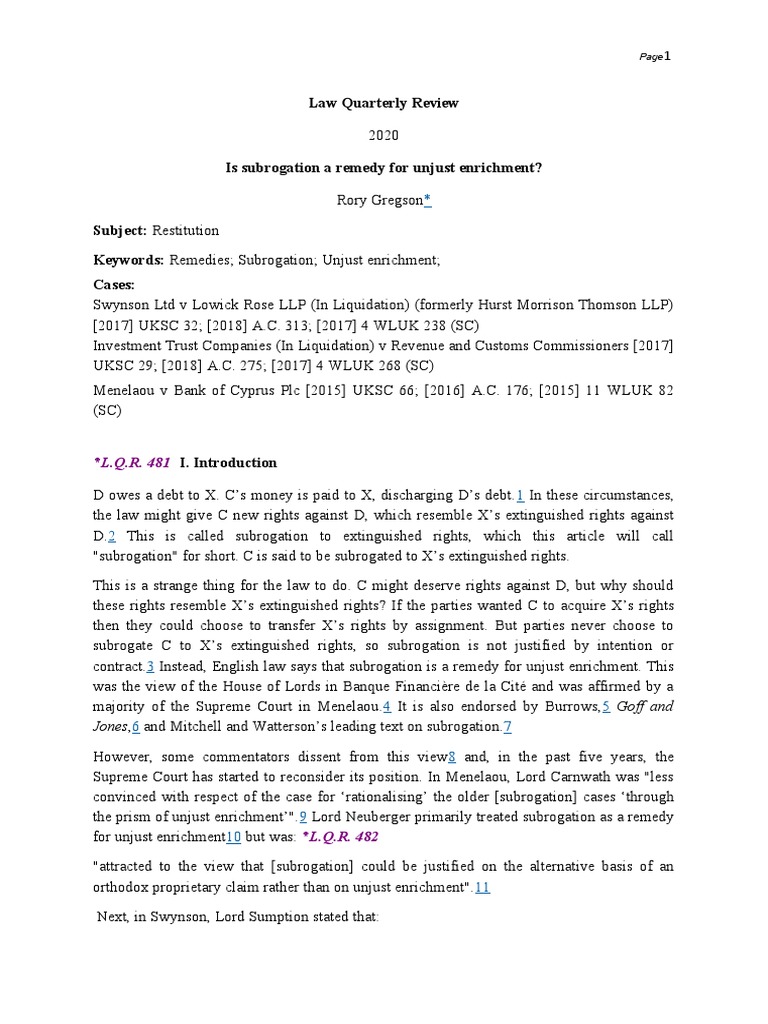 Law Quarterly Review Goff and Jones PDF Subrogation Legal Remedy
