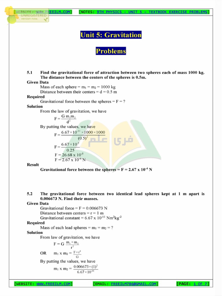 9th Phy CH 5 Numericals | PDF