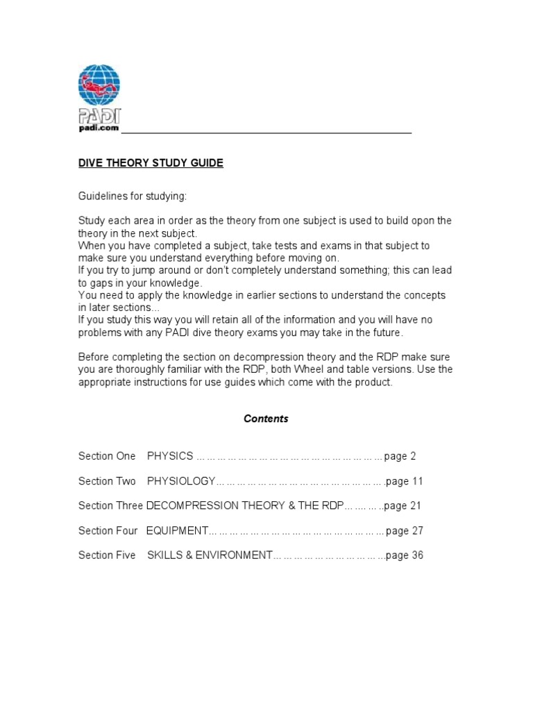PADI Dive Theory Study Guide | PDF | Ear | Underwater Diving