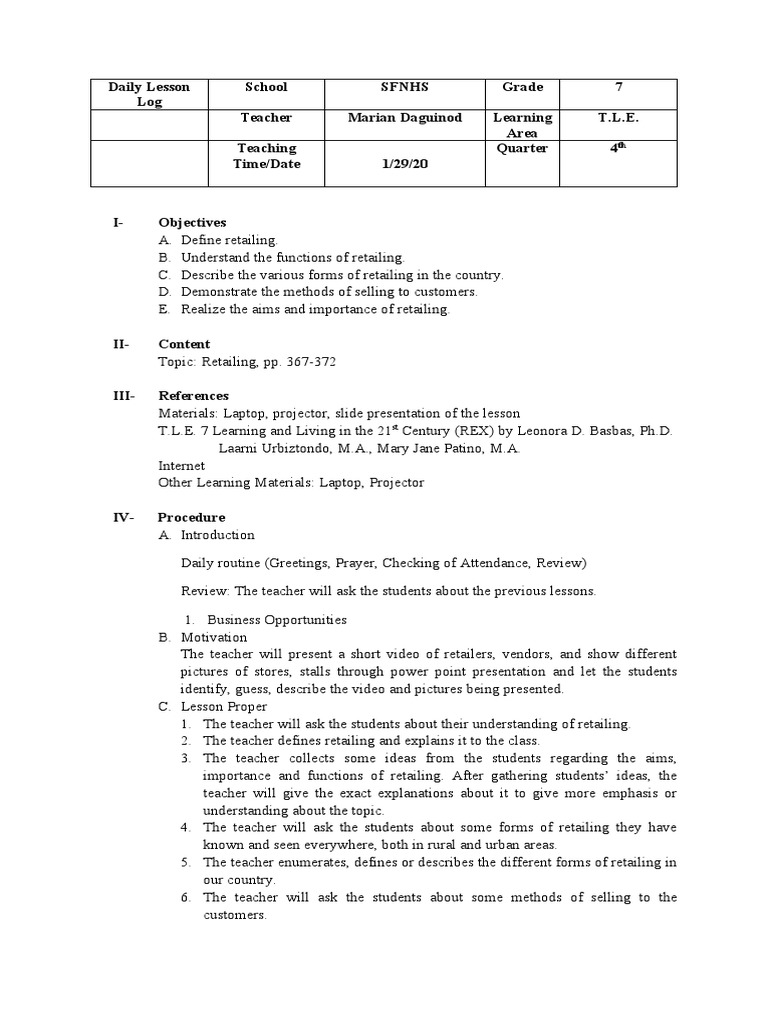Lesson Plan in Tle | PDF | Retail | Sales