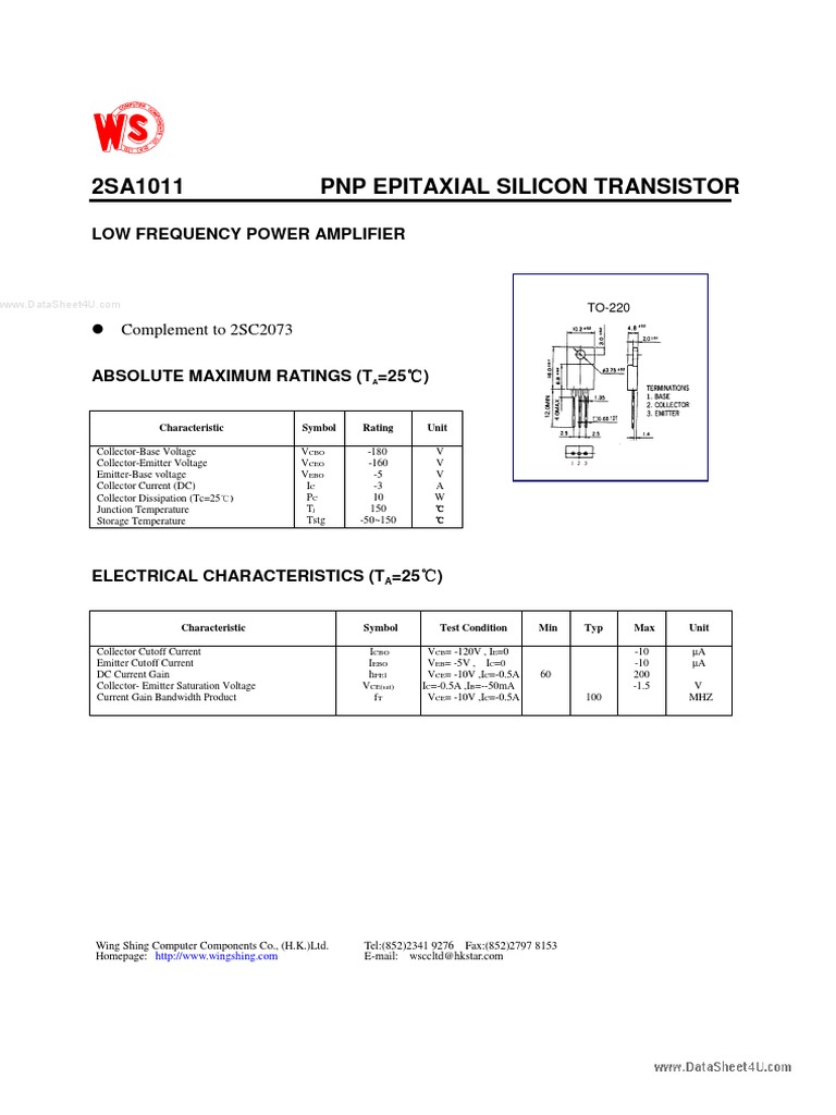 2sa1011 PNP Epitaxial Silicon Transistor: Low Frequency Power Amplifier ...