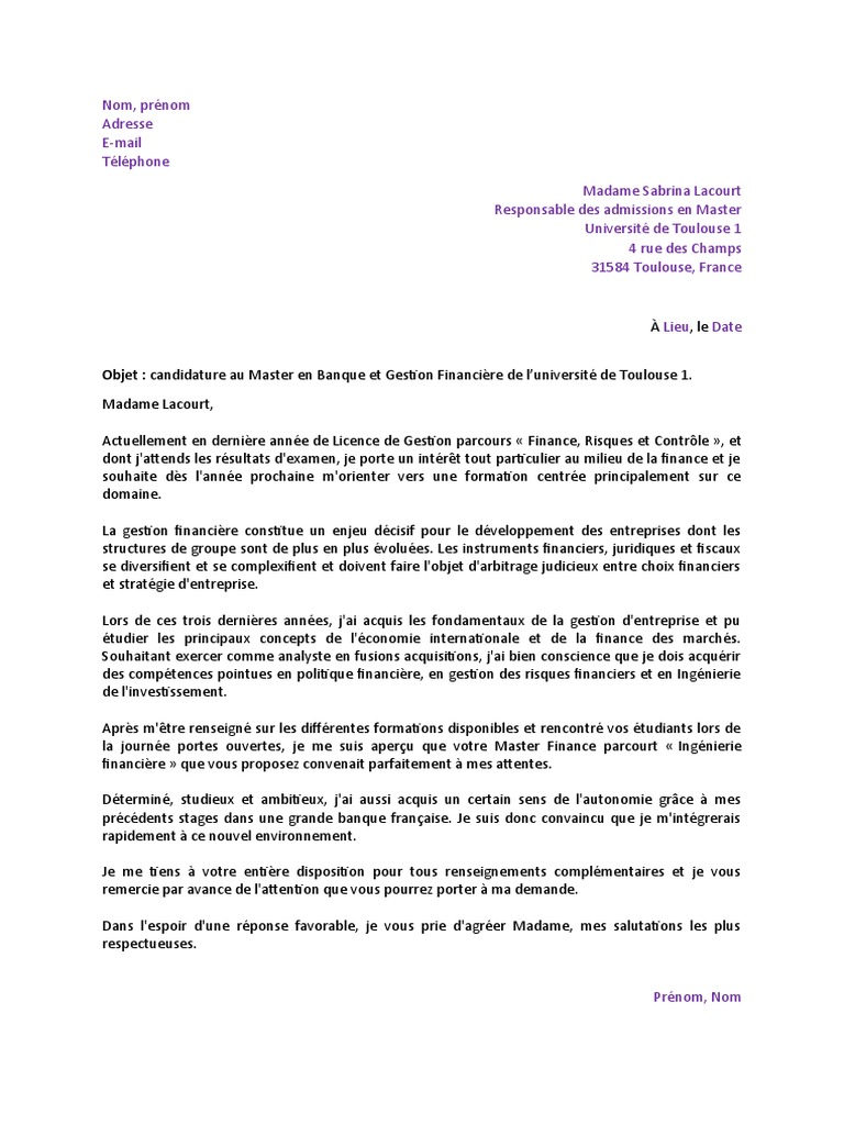 Lettre de Motivation Master Banque Et Gestion Financière  PDF
