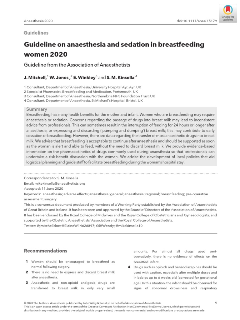 Guideline On Anaesthesia and Sedation in Breastfeeding Women 2020