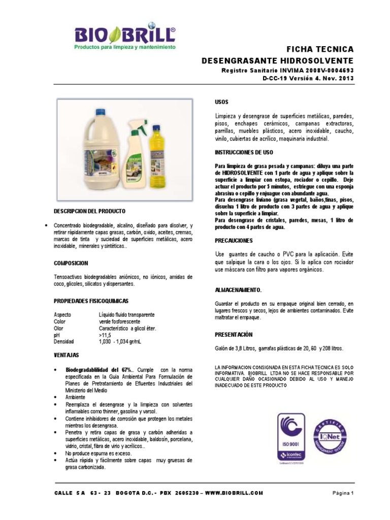 Ficha Técnica Desengrasante Hidrosolvente | PDF | Agua | Sustancias ...
