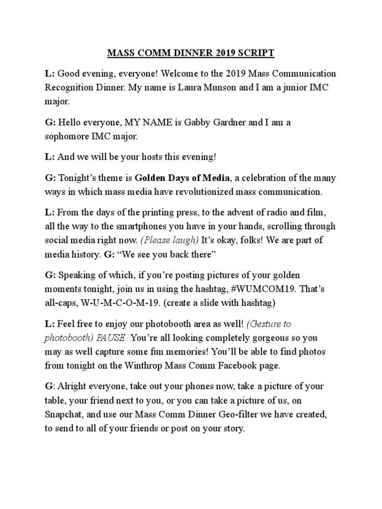 Mcom Dinner Emcee Script | PDF | Entertainment | Social Institutions