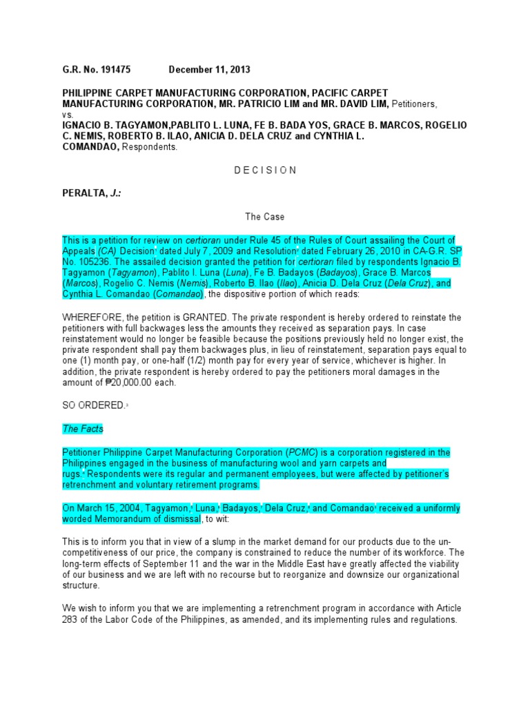 Philippine Carpet Manufacturing Corporation v. Tagyamon Download Free