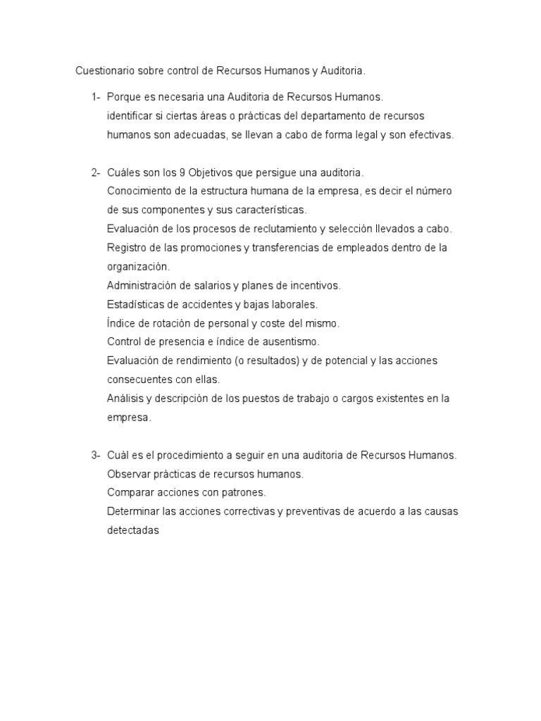 Cuestionario Sobre Control de Recursos Humanos y Auditoria | PDF ...