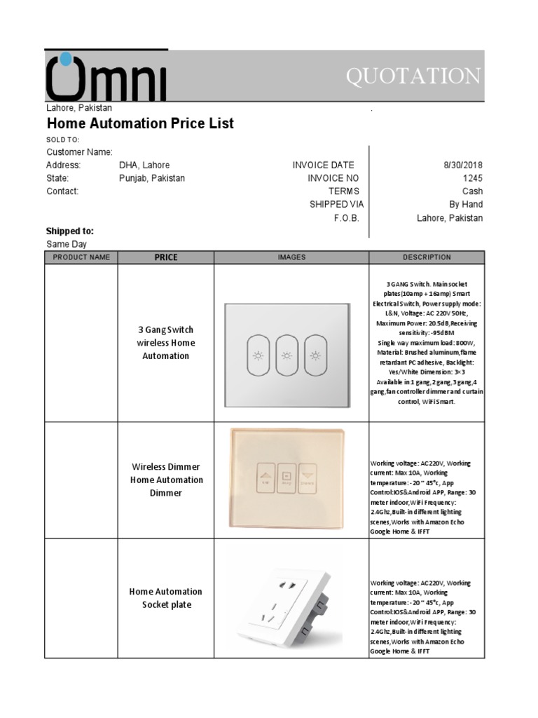 Quotation Home Automation Price List PDF Wi Fi Lighting