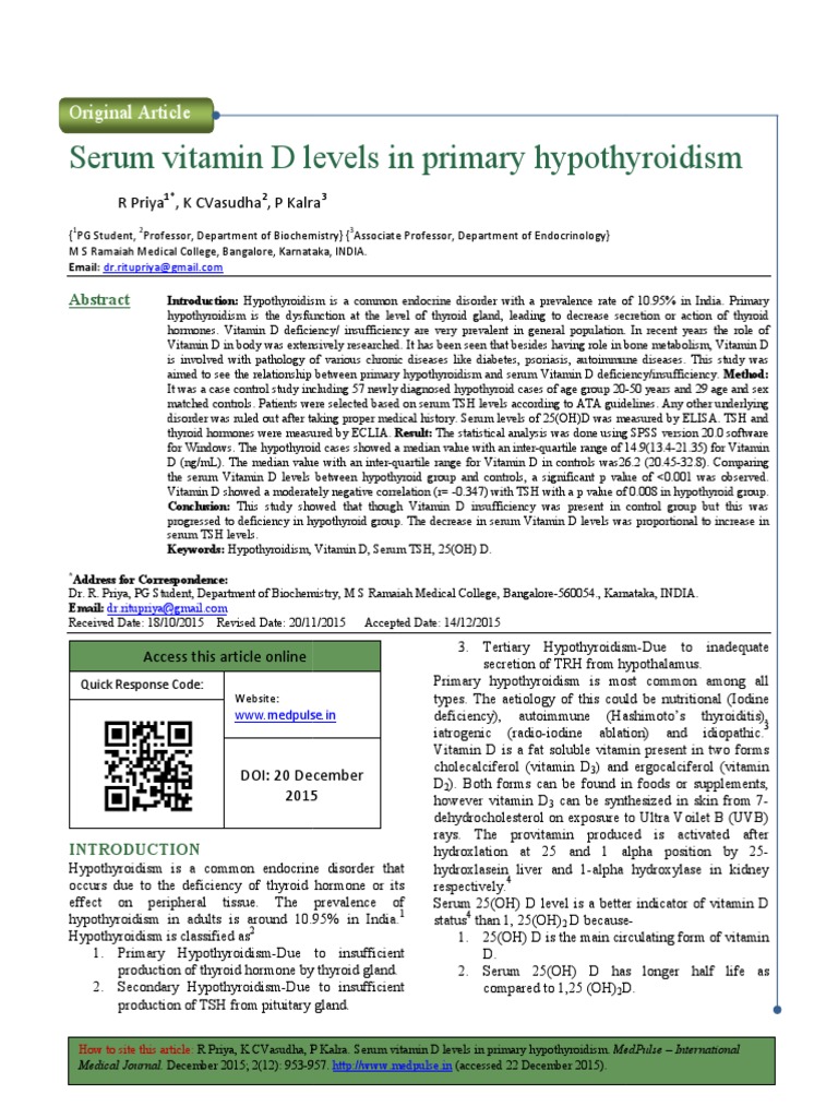 Serum Vitamin D Levels in Primary Hypothyroidism Levels in Primary Hypothyroidism Levels in