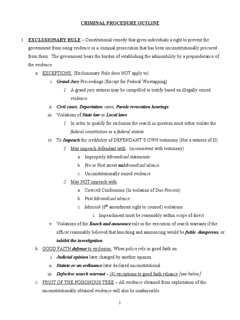 MBE-Criminal Procedure Outline | PDF | Miranda Warning | Search Warrant