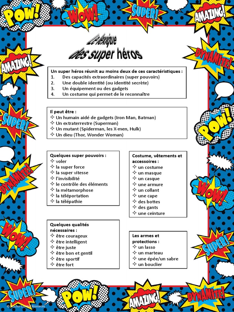 Lexique Relatif Aux Super Heros Liste de Vocabulaire 105972 PDF