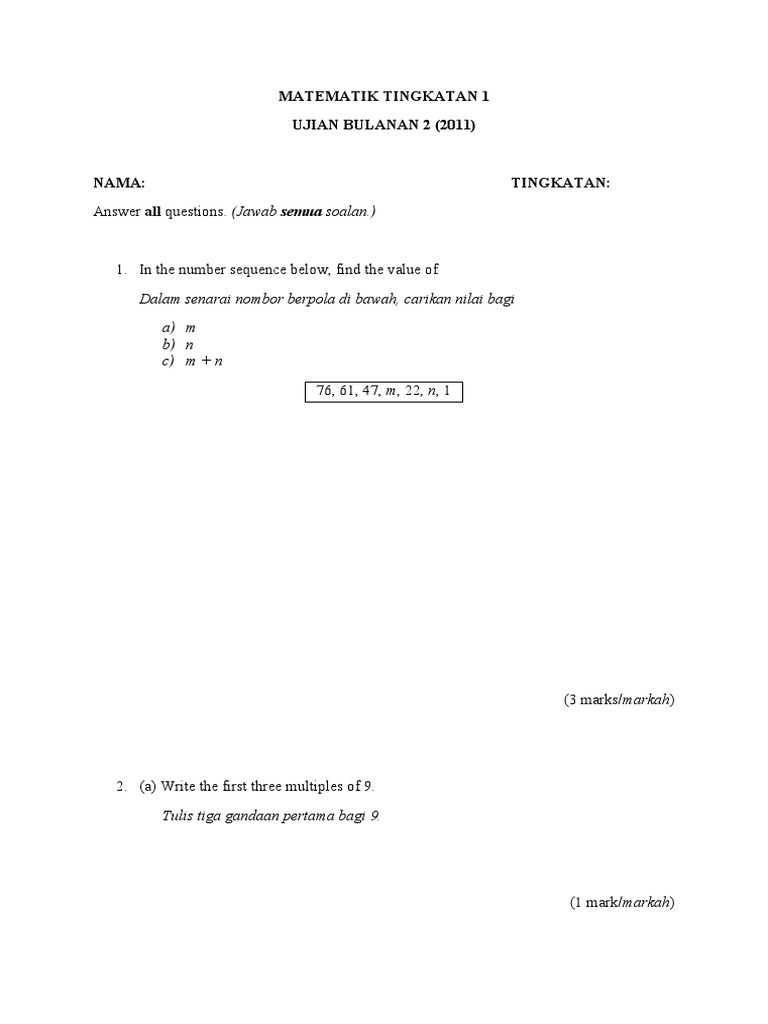 Answer all questions. (Jawab semua soalan.): Matematik 