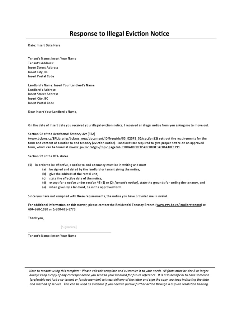 Response To Illegal Eviction Notice: (Signature) | PDF