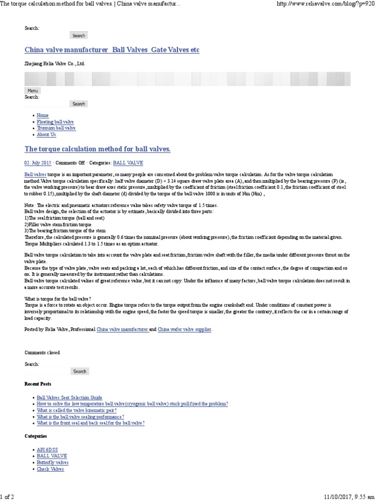 The Torque Calculation Method For Ball Valves PDF Valve Friction