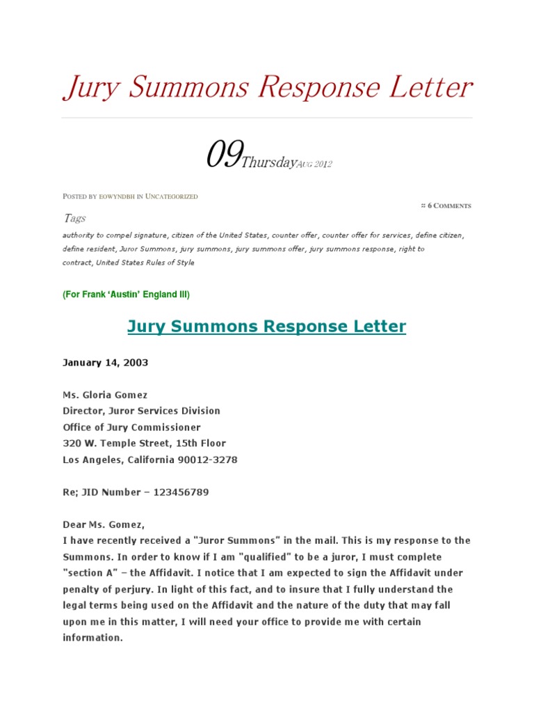 Jury Summons Response Template | PDF | Summons | Justice