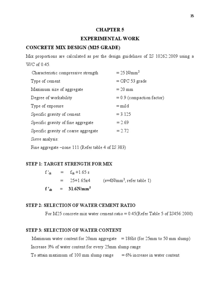 Experimental Work Concrete Mix Design (M25 Grade) Step 1 Target