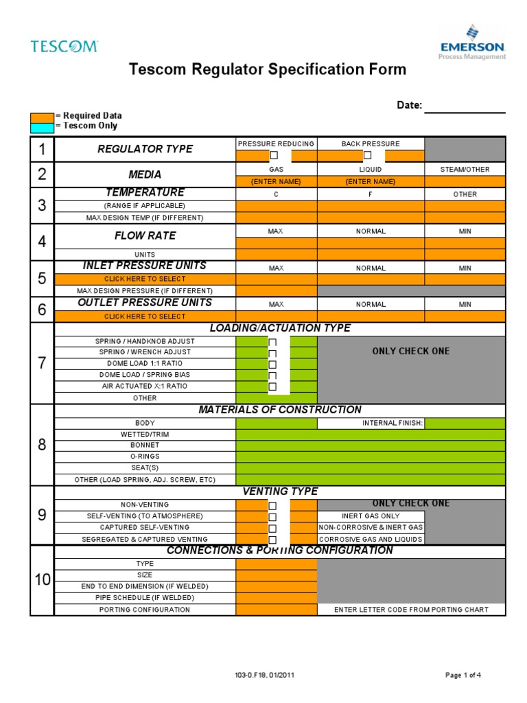 Tescom Regulator Specification Form | PDF | Energy Technology | Gases
