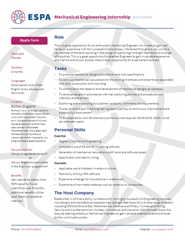 Mechanical Engineering Internship in Bolton | PDF | Mechanical ...