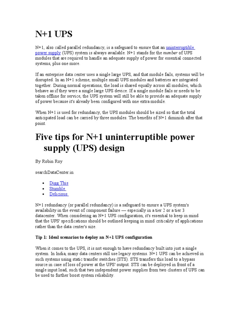 N+1 UPS Redundancy Explained | PDF | Data Center | Computer Engineering