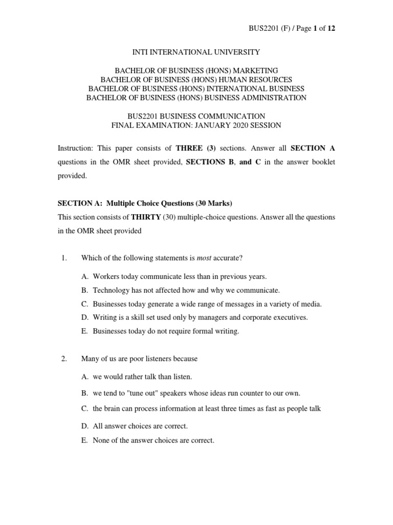 Business Communication Final Exam 2020 | PDF | Multiple Choice | Gesture