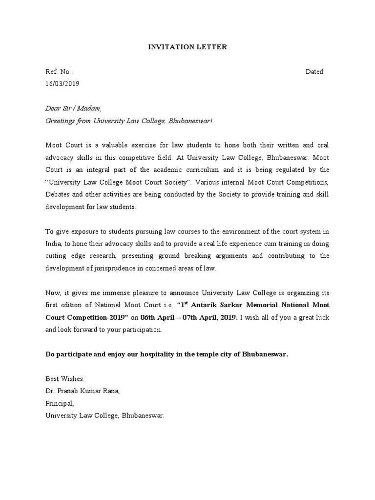 Invitation Letter: Dear Sir / Madam, Greetings From University Law ...