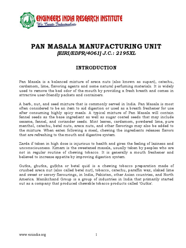 Pan Masala Manufacturing Guide | PDF | Herbal And Fungal Stimulants